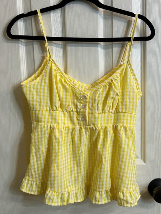 Tops - Yellow Gingham Spaghetti Strap Peplum Top